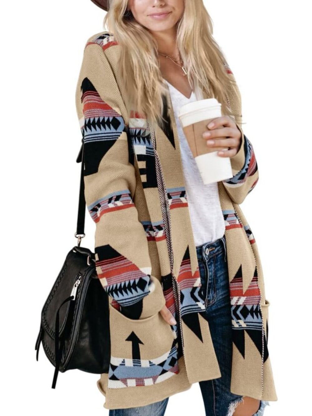 Boho Aztec Open Front Cardigan - Long Sleeve Shawl Sweater Coat for Women